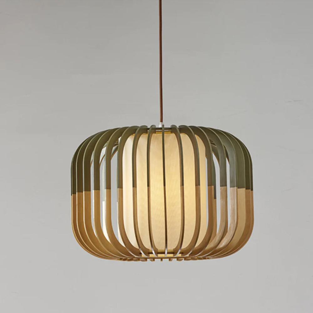Japanese Wooden Pendant Lamp Pumpkin Shape Hanging Light For Dinning Room
