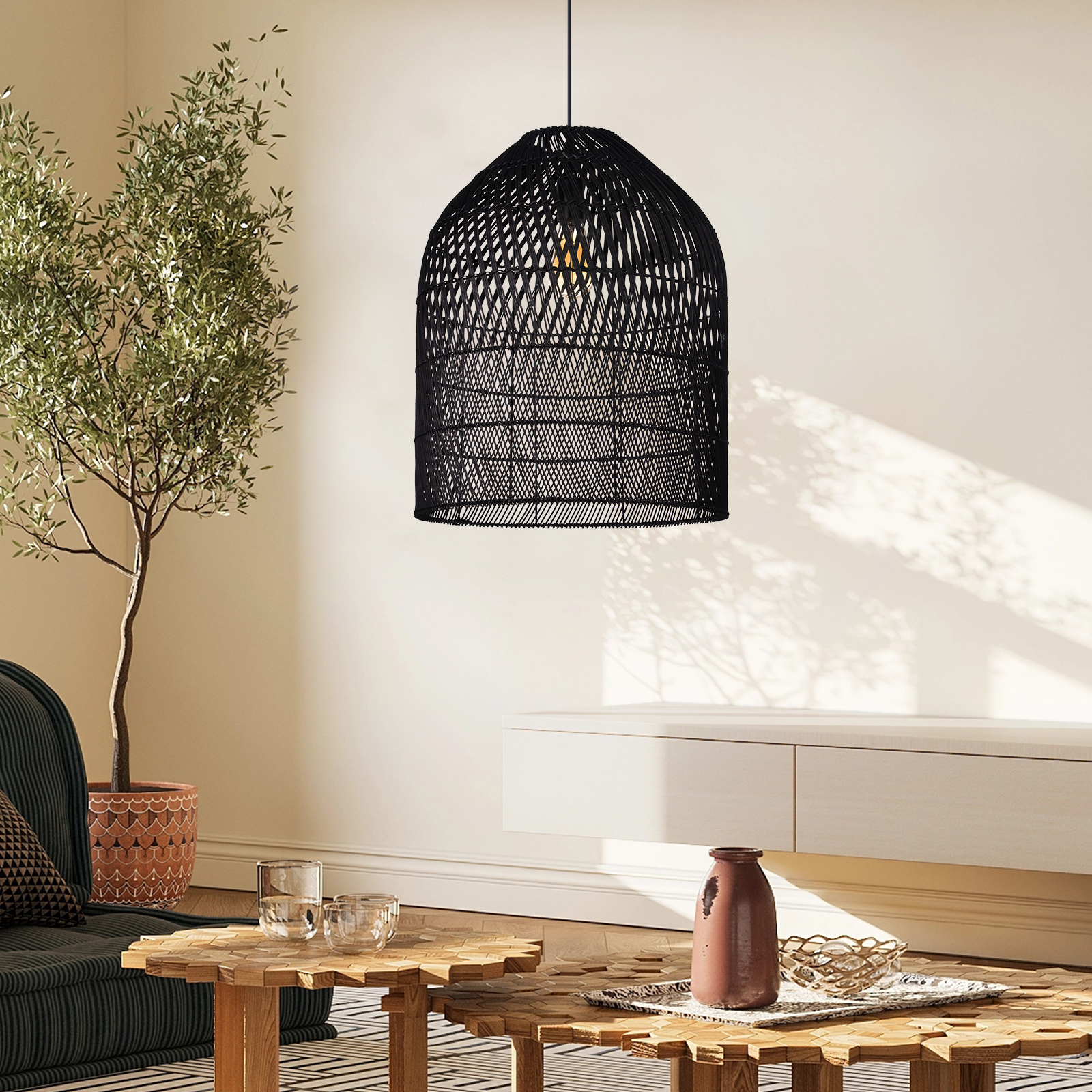 Bohemian Wicker Rattan Ceiling Light Rustic Rattan Pendant Lamp For Kitchen