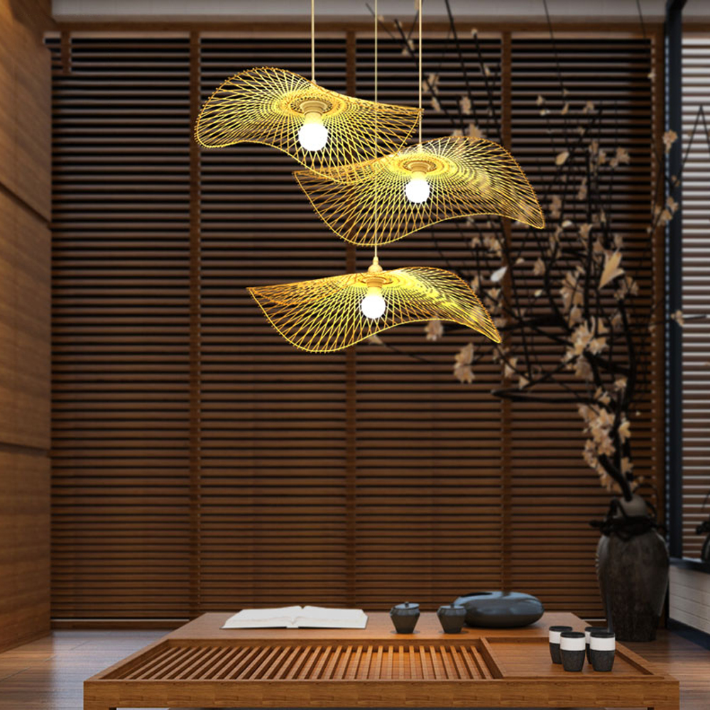 Housewarming Gift Bamboo Lampshade Irregular Hat Shape Pendant Light