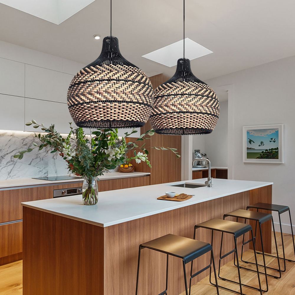 HandWoven Black Rattan Light Fixture Minimalism Rattan Ceiling Light