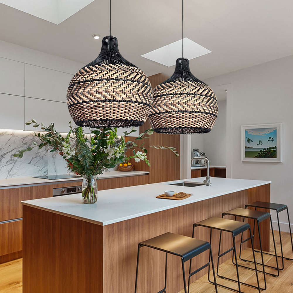 Hand-Woven Black Rattan Light Fixture Minimalism Rattan Ceiling Light