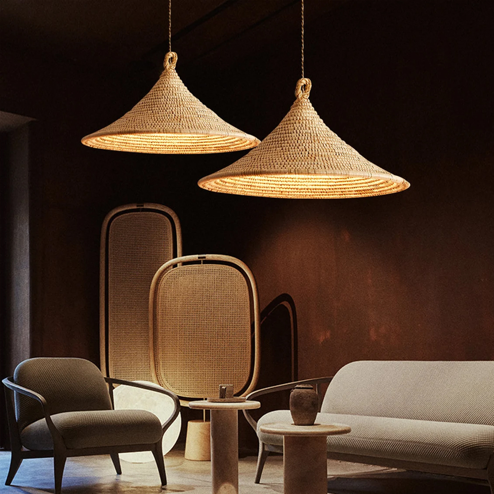 Wabi-sabi Hardwired Rattan Straw Hat Pendant Light Home Decor Lamp