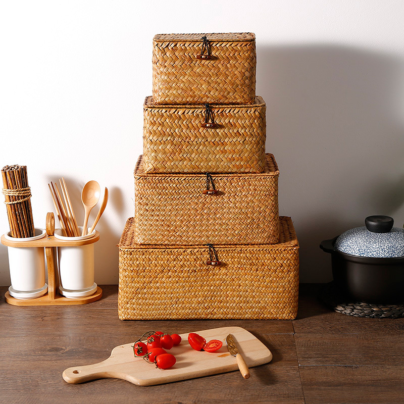 Straw Woven Storage Box Covered Sundries Organizer Ornament Box Storage Basket