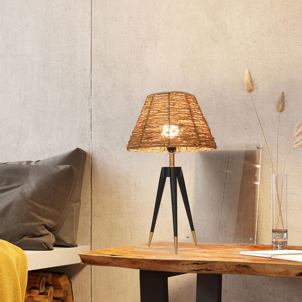 Retro Wabi-sabi Style Creative Tripod Table Lamp Natural Rattan Lampshade