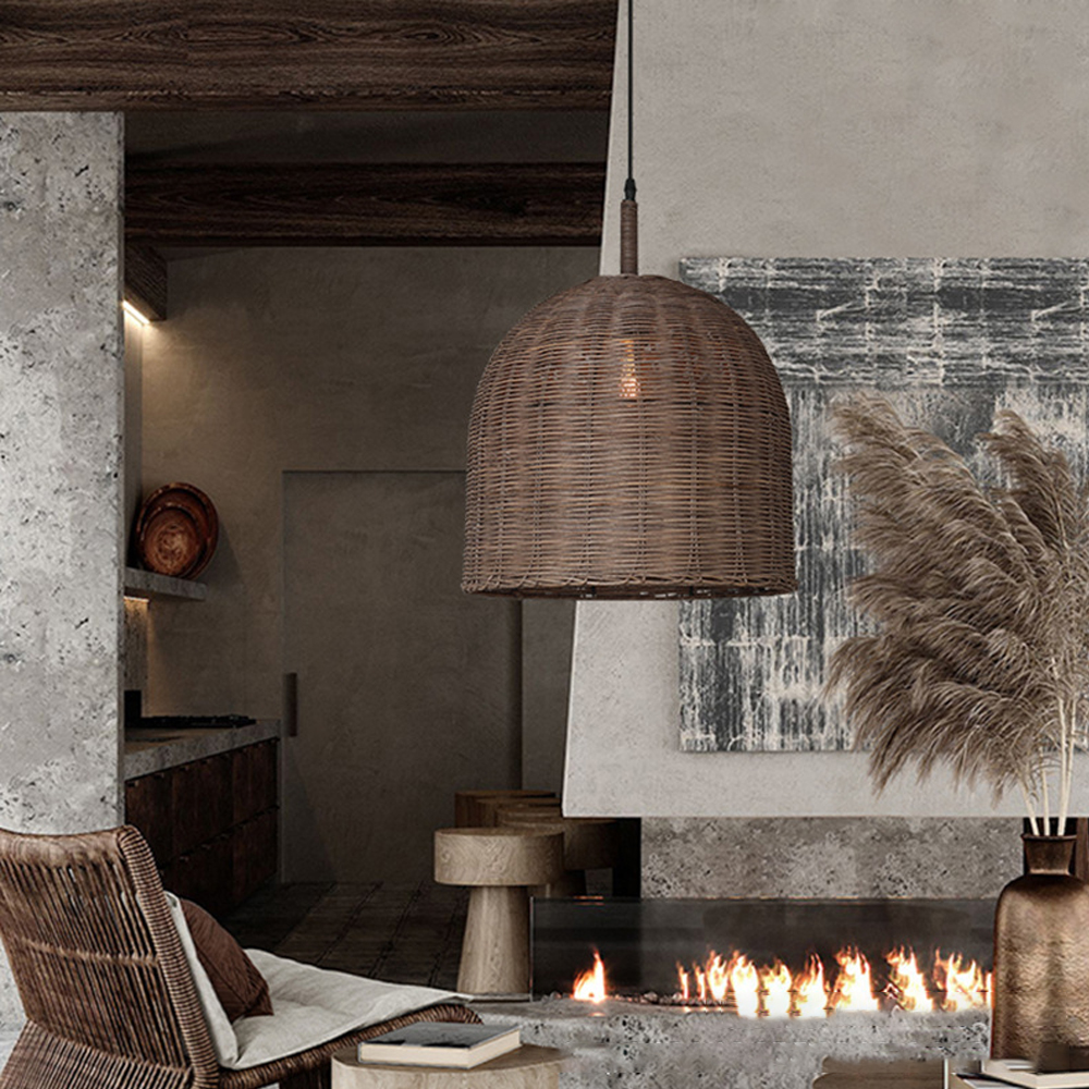 Brown Basket Weave Rattan Pendant Light