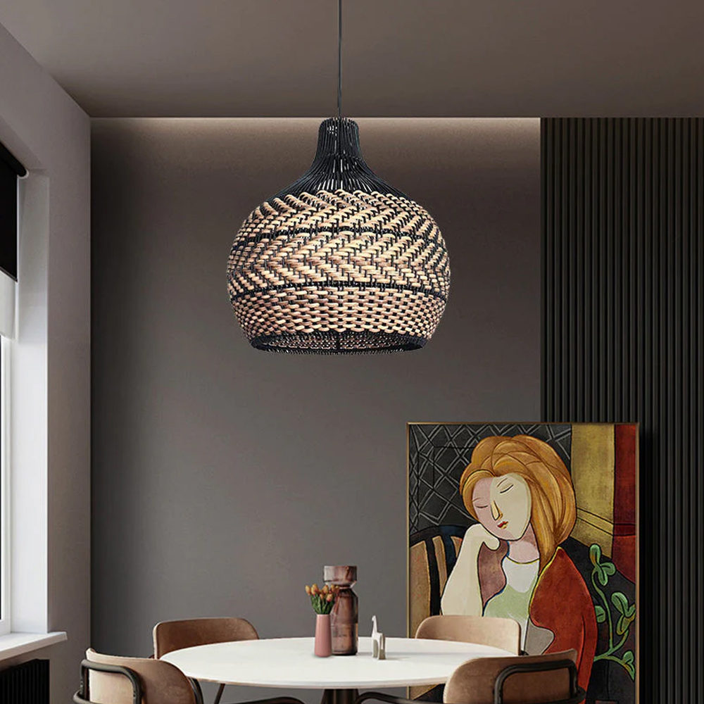 Hand-Woven Black Rattan Light Fixture Minimalism Rattan Ceiling Light