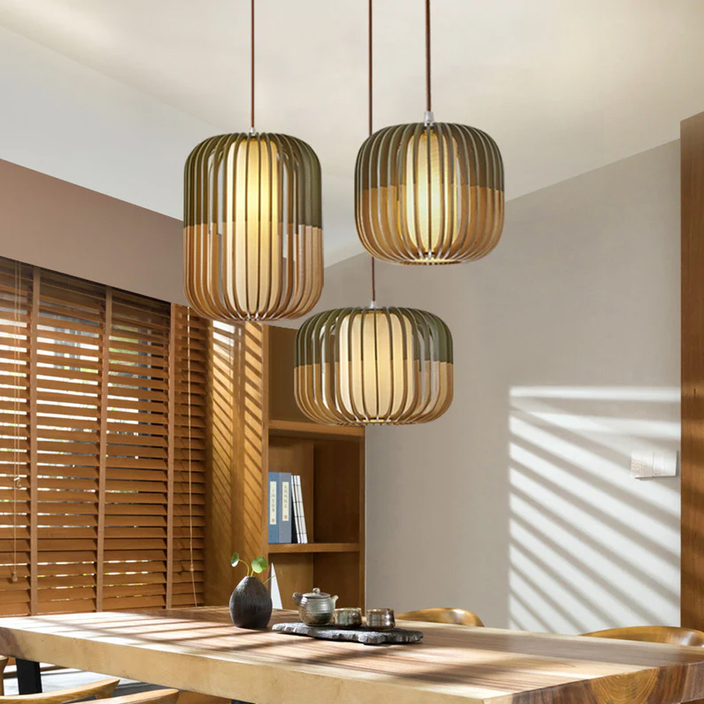 Japanese Wooden Pendant Lamp Pumpkin Shape Hanging Light For Dinning Room