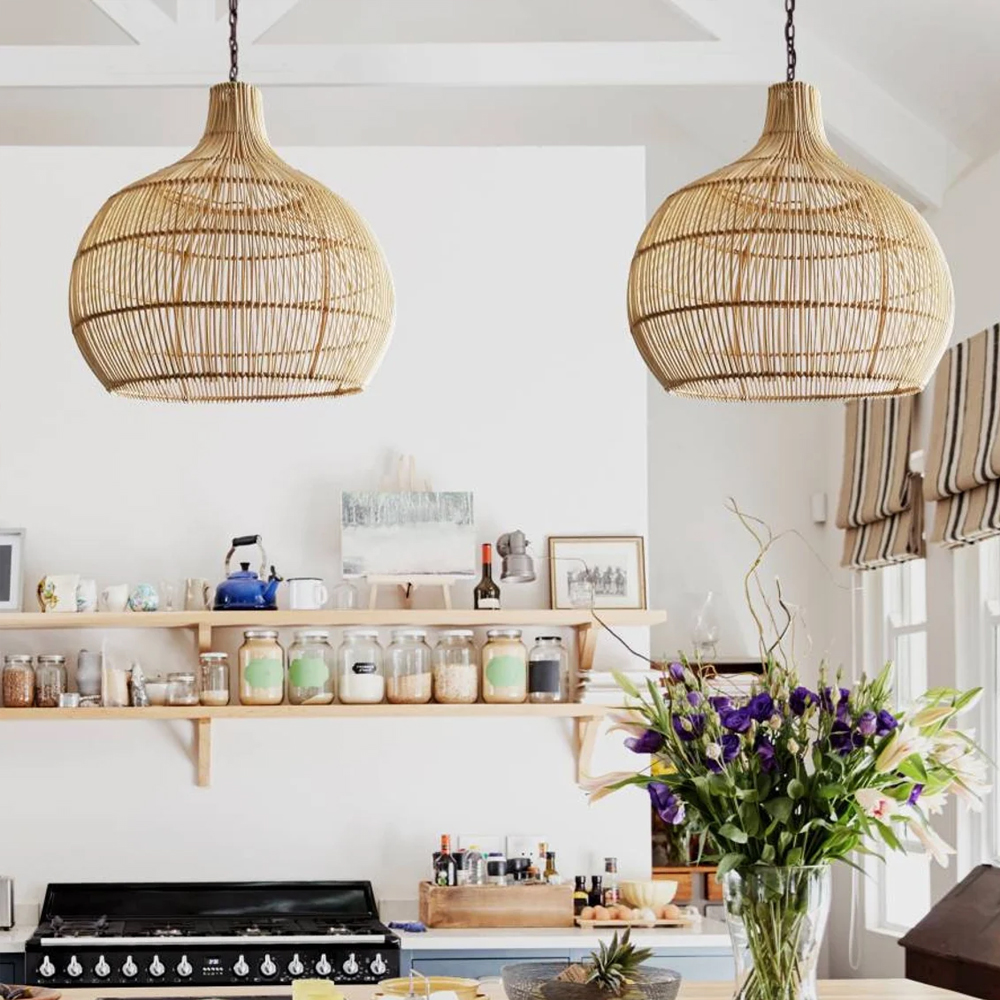 Boho Home Decor Kitchen Island Rattan Bamboo Pendant Light Basket Weave Linear Chandelier