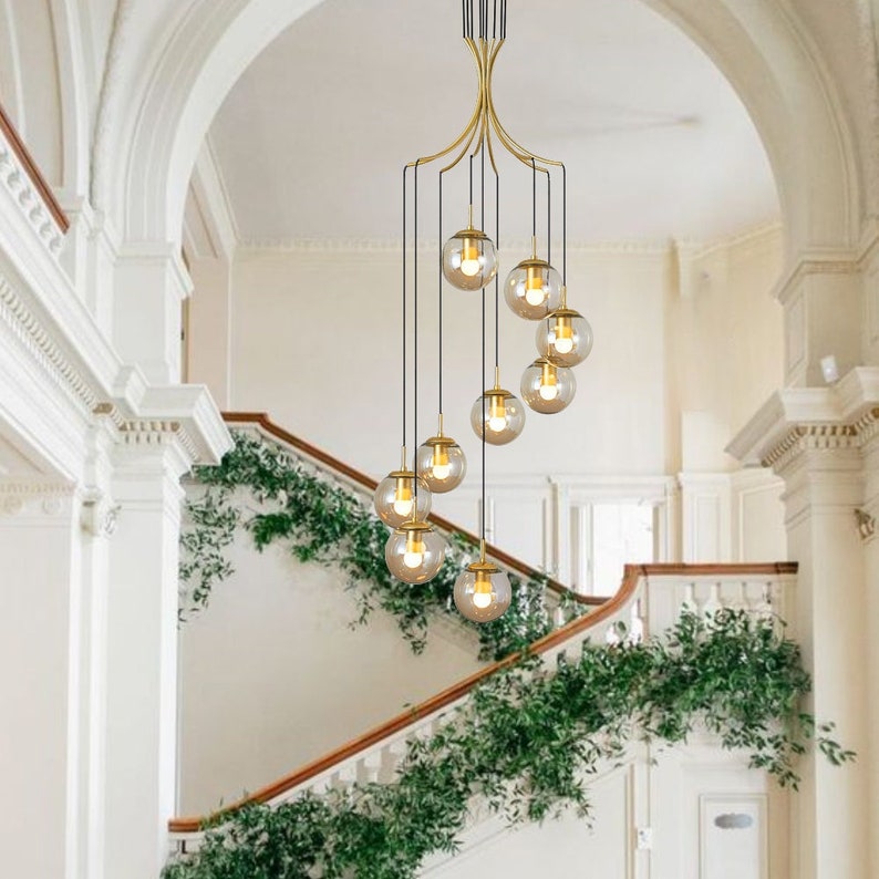 Minimalistic Bubble Brass Long Pendant Light Glass Chandelier