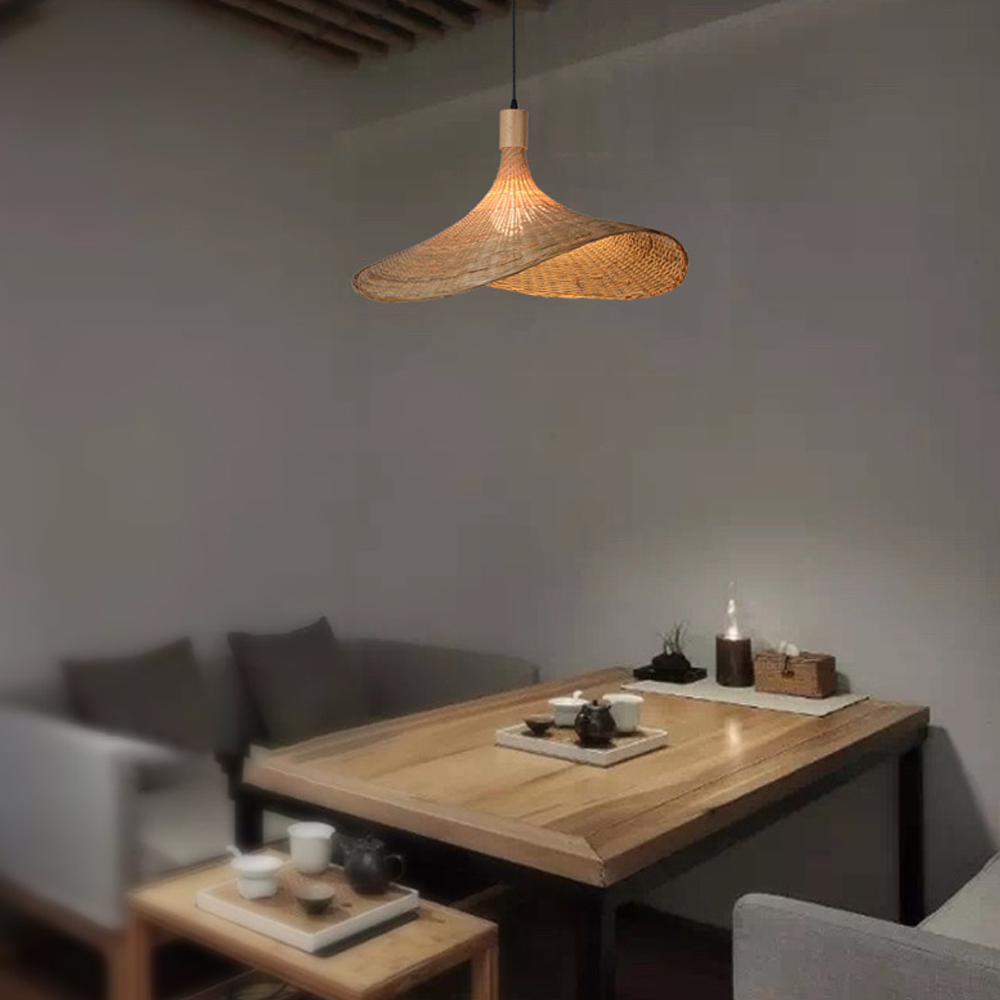 Farmhouse Bamboo Pendant Light Wicker Straw Hat Basket Weave Light Fixture