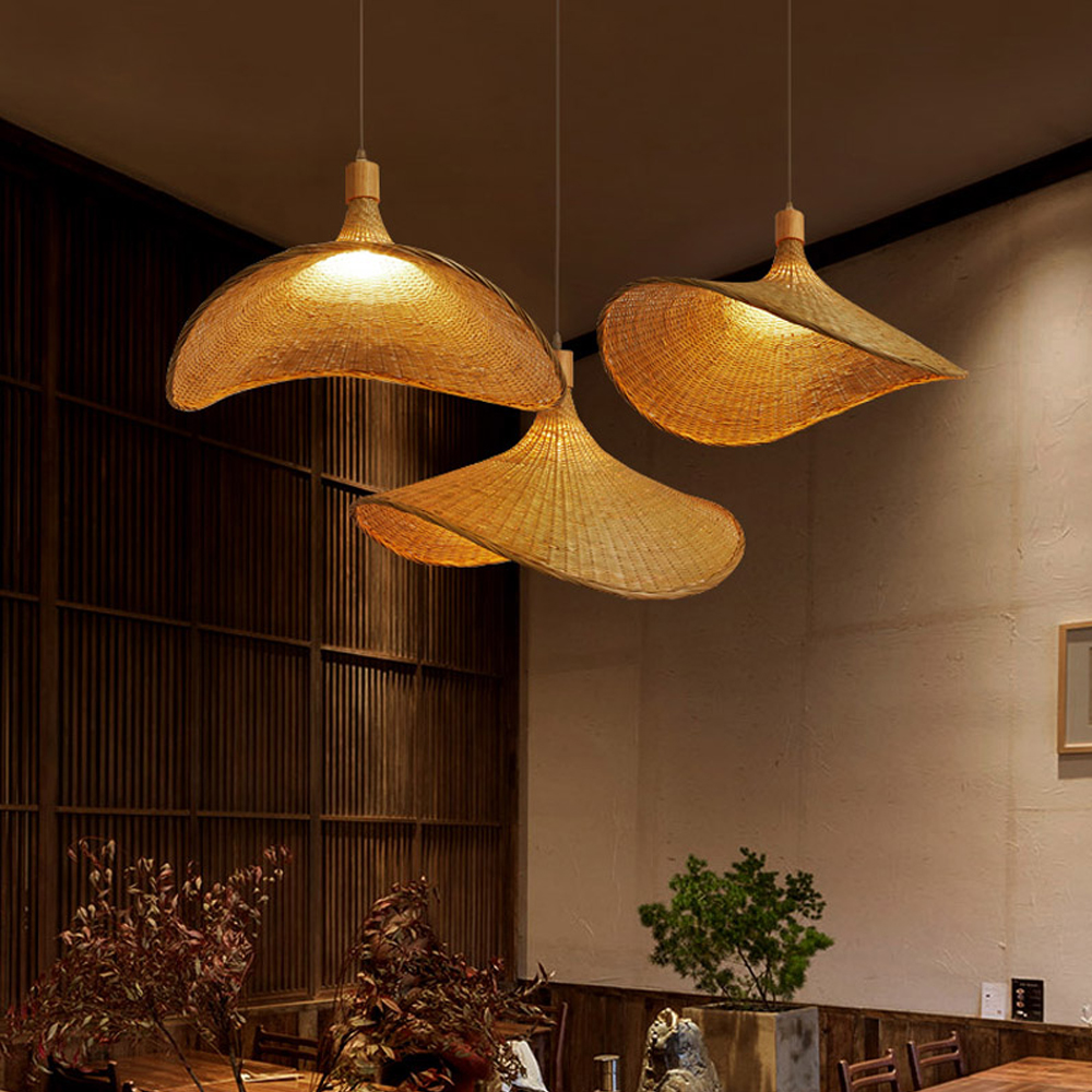 Farmhouse Bamboo Pendant Light Wicker Straw Hat Basket Weave Light Fixture
