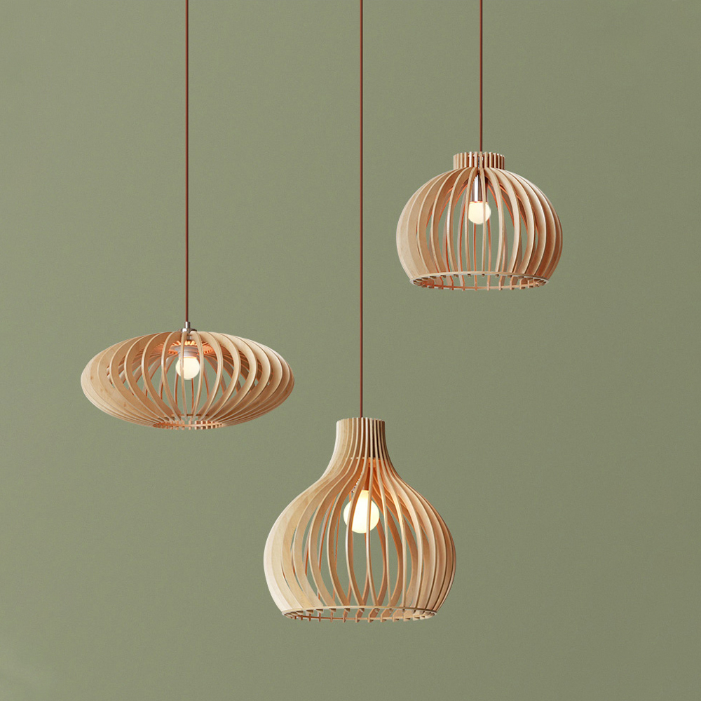 Nordic Hand-Woven Wood Chandelier Birdcage Lamp Japanese Creative Wood Pendant Lighting Fixture