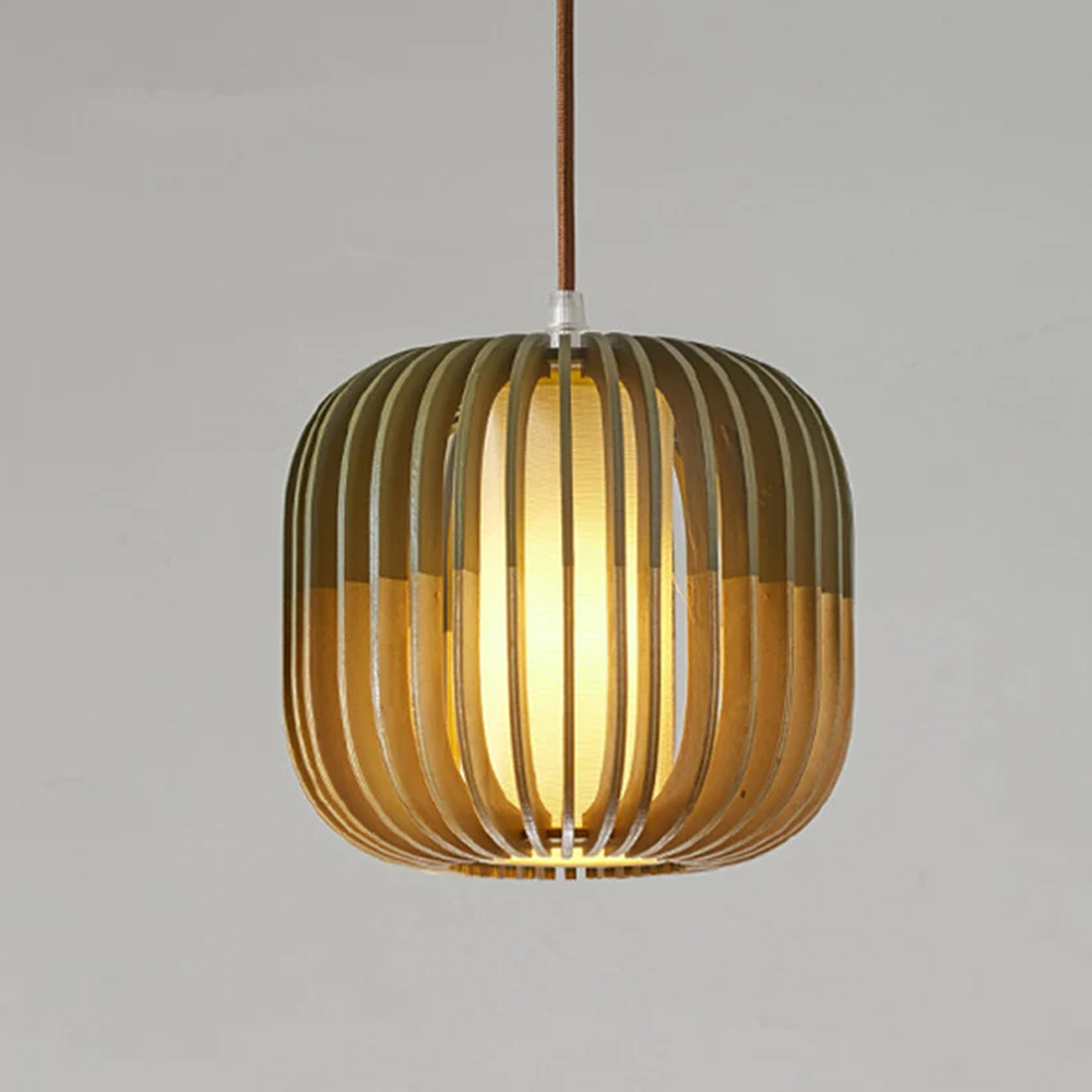 Japanese Wooden Pendant Lamp Pumpkin Shape Hanging Light For Dinning Room