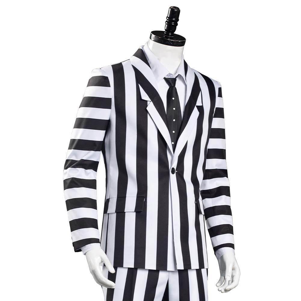 Movie Beetlejuice Adam Cosplay Costume Black and White Striped Suit Jacket Outfits Halloween Carnival