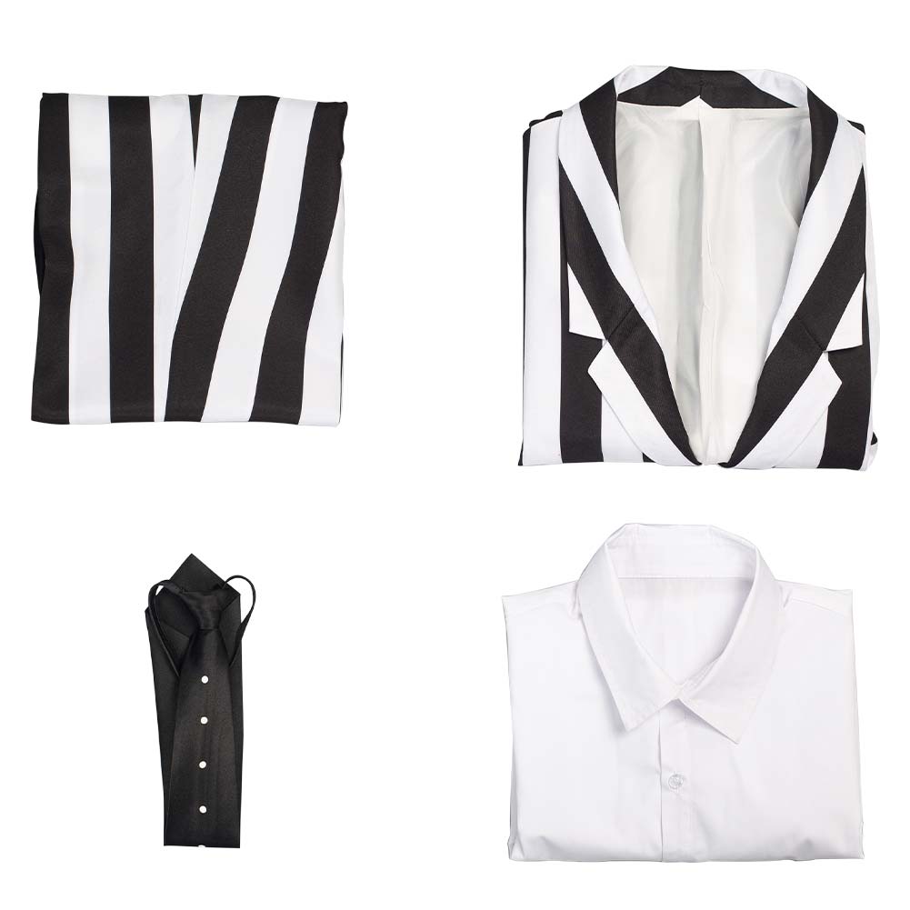 Movie Beetlejuice Adam Cosplay Costume Black and White Striped Suit Jacket Outfits Halloween Carnival