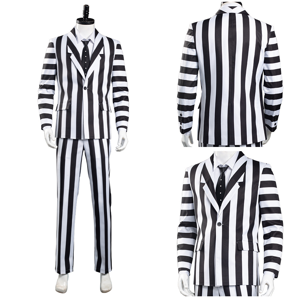 Movie Beetlejuice Adam Cosplay Costume Black and White Striped Suit Jacket Outfits Halloween Carnival