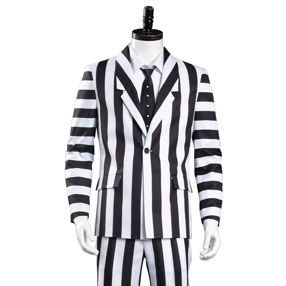 Movie Beetlejuice Adam Cosplay Costume Black and White Striped Suit Jacket Outfits Halloween Carnival