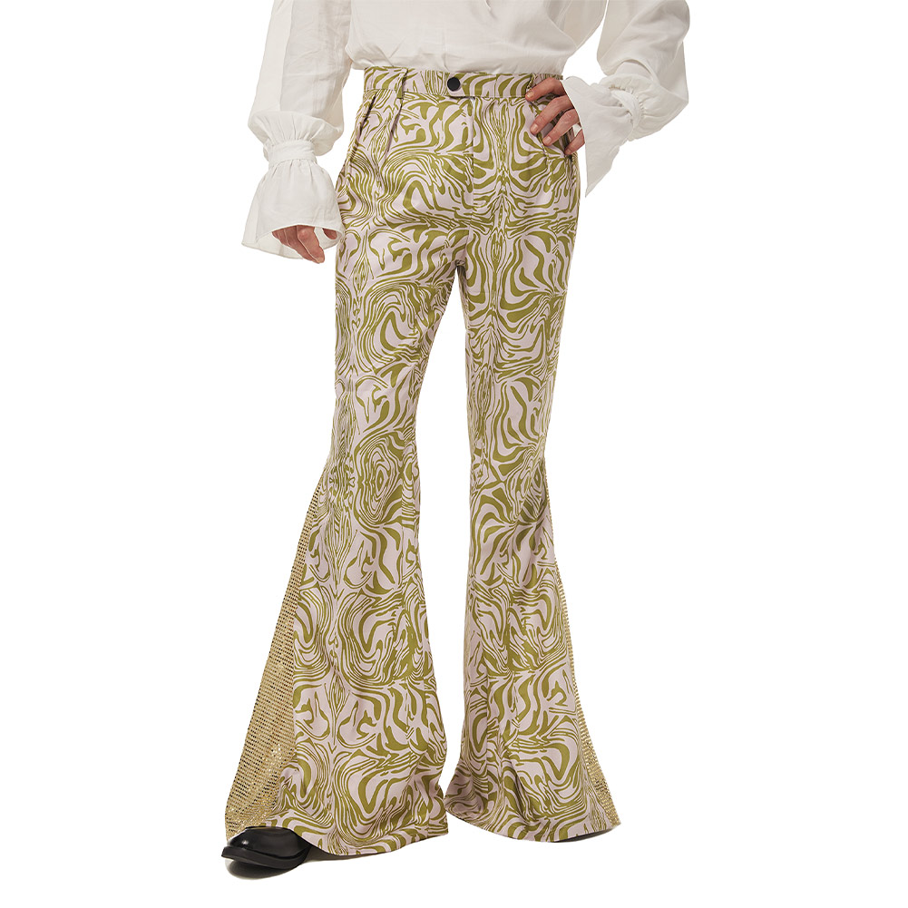 1970s Retro Vintage Disco Mid Waist Bell Bottom Super Flares Printed Long Pants