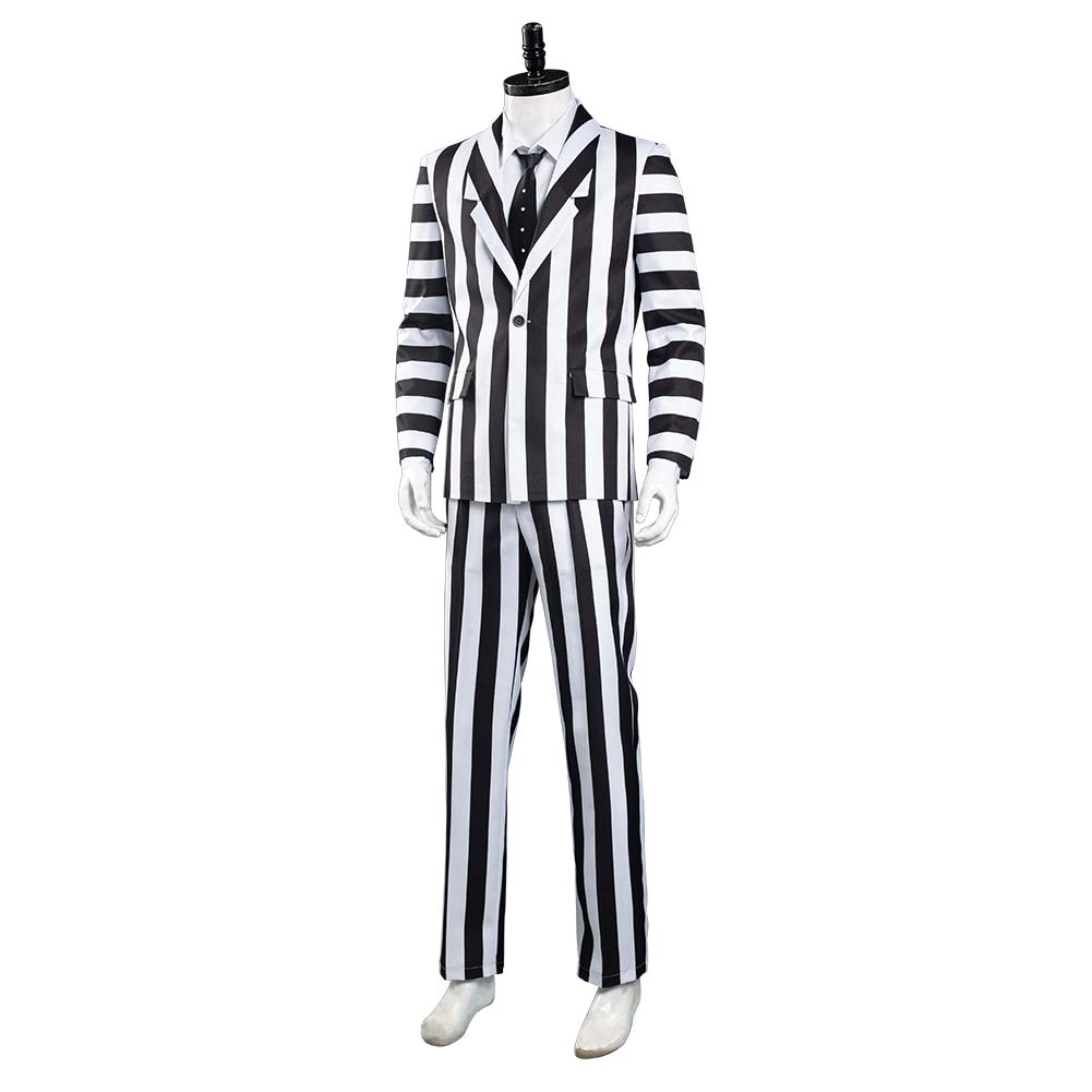 Movie Beetlejuice Adam Cosplay Costume Black and White Striped Suit Jacket Outfits Halloween Carnival