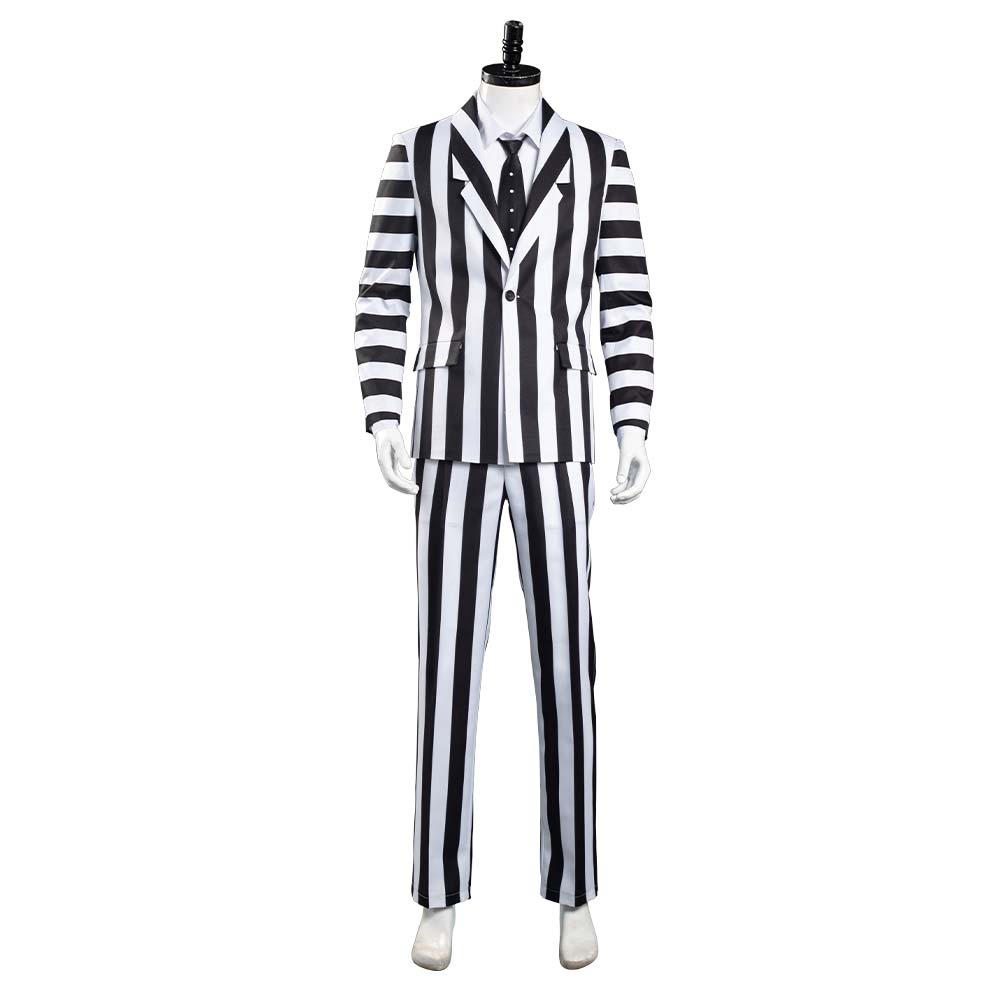 Movie Beetlejuice Adam Cosplay Costume Black and White Striped Suit Jacket Outfits Halloween Carnival