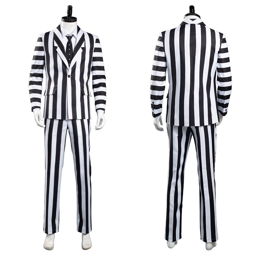 Movie Beetlejuice Adam Cosplay Costume Black and White Striped Suit Jacket Outfits Halloween Carnival