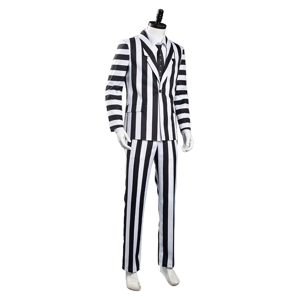 Movie Beetlejuice Adam Cosplay Costume Black and White Striped Suit Jacket Outfits Halloween Carnival