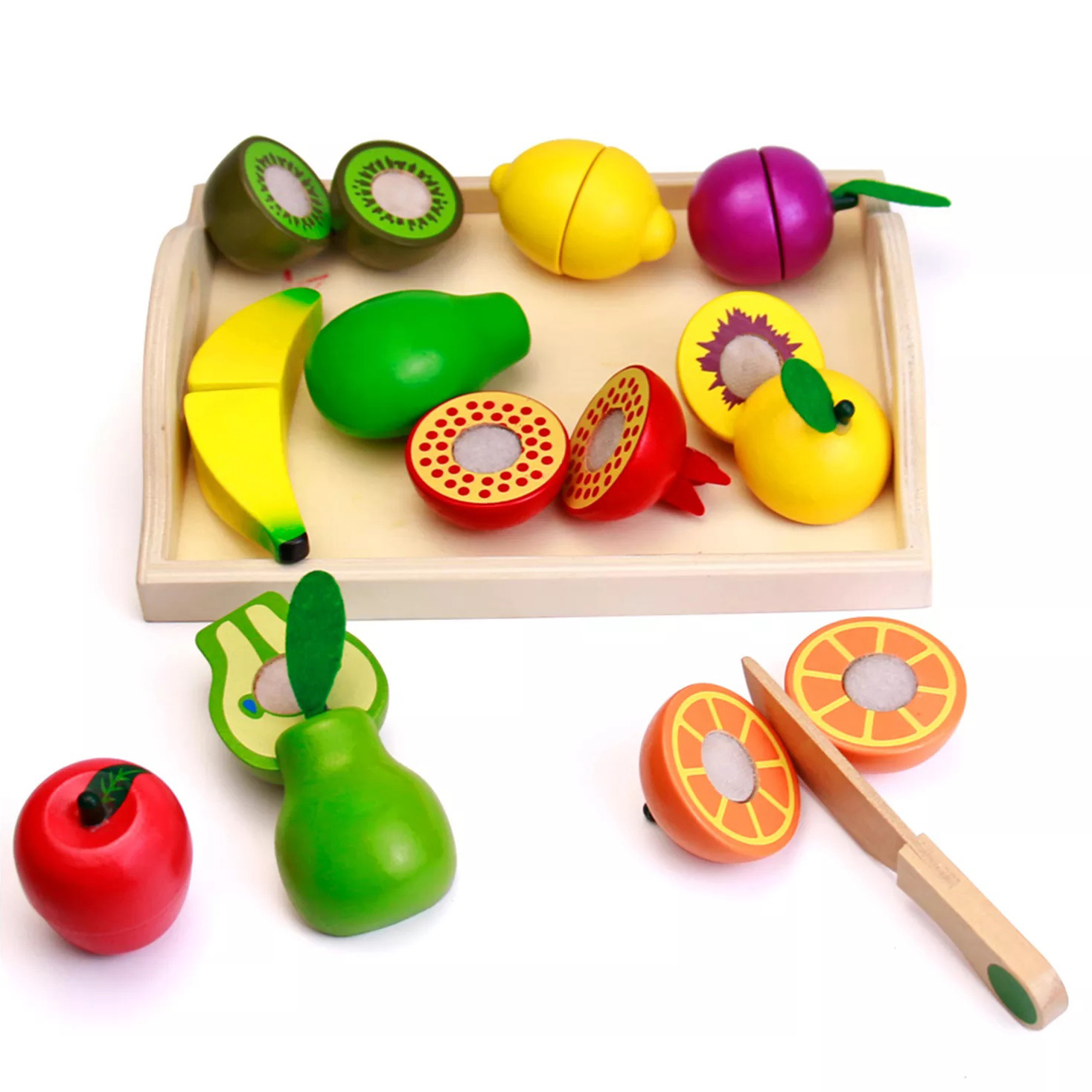 Kids Kitchen Toys Wooden Cutting Set Food with Wooden Tray Cooking Toy