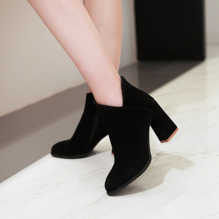 Velvet Zip V Thick Heels Ankle Boots for Women 