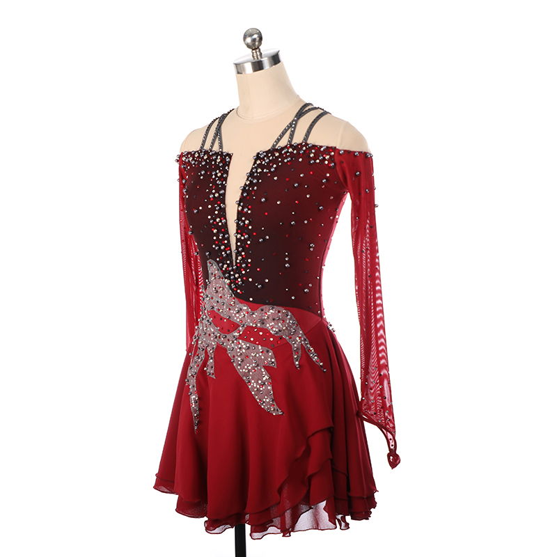 Figure Skating Dress Women's Girls' Ice Skating Dress Yellow Red Dark Purple Asymmetric Hem High Elasticity Competition Skating Wear Anatomic Design Handmade Classic Fashion Sleeveless Ice Skating