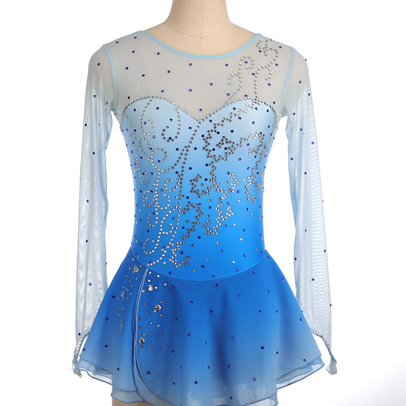 Figure Skating Dress Women's Girls' Ice Skating Dress Blue+Green Glitter Patchwork Mesh Spandex High Elasticity Practice Competition Skating Wear Crystal / Rhinestone Long Sleeve Ice Skating Winter
