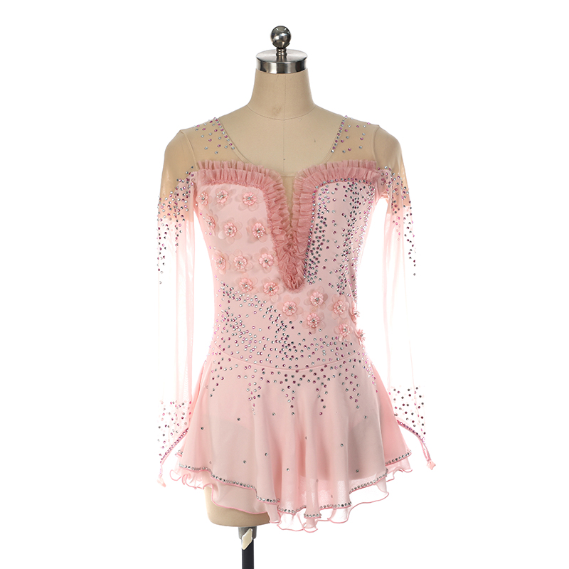 Figure Skating Dress Women Girls Stretchy Pink Spandex High Elasticity Competition Skating Wear Handmade Crystal/Rhinestone Solid Color Long Sleeve Ice Skating