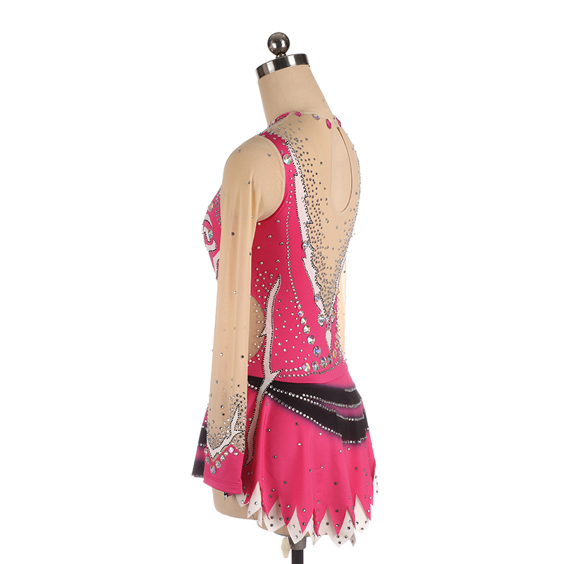 Ice Figure Skating Dress Women Girls Stretchy Pink Spandex High Elasticity Competition Skating Wear Handmade Crystal/Rhinestone Solid Color Long Sleeve Ice Skating