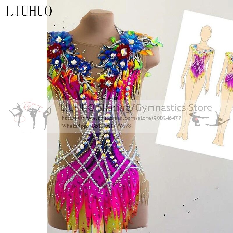 LIUHUO Figure Dress Girls'  Women Rhythmic Gymnastics Leotards Spandex Rhinestone Performance Wear for Competition Dance Dress