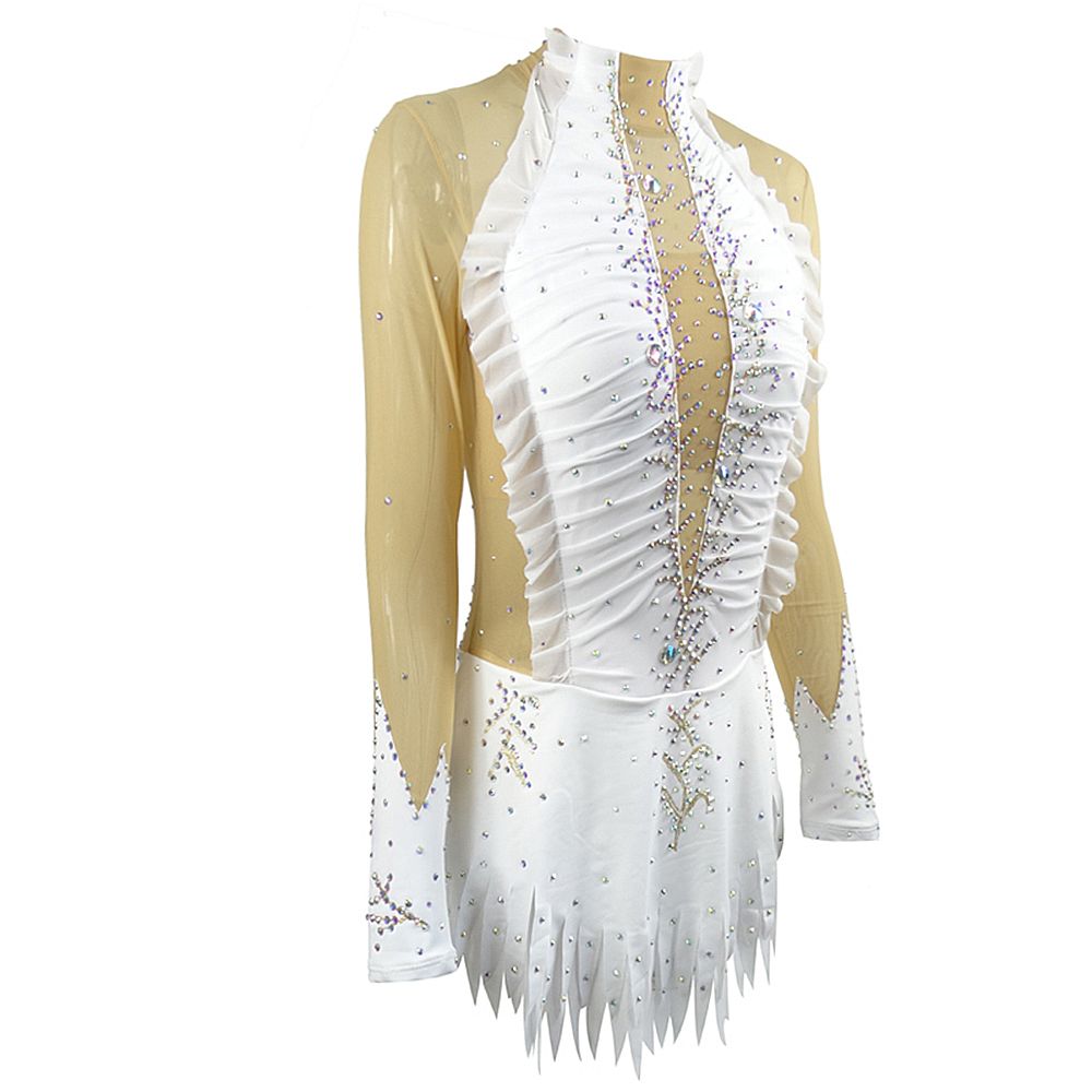 LIUHUO Ice Figure Skating Dance Dress Women's White Folded Fabric Fashion Training Competition Skating Wear Handmade Crystal / Rhinestone Solid Color Long Sleeve Ice Skating Costumes