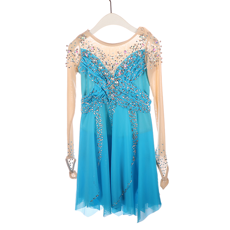Women Girls Ice Figure Skating Dress Blue Gradient Stretchy Mesh High Elasticity Dance Competition Skating Wear Handmade Crystal / Rhinestone Solid Color Long Sleeve Ice Skating