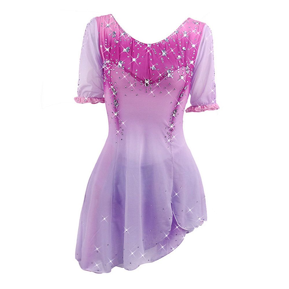 LIUHUO Ice Figure Skating Skirt Girls Youth Pink Purple Figure Skating Dress Short-Sleeved Ice Skating Ballet Rave Dance Costumes Spandex