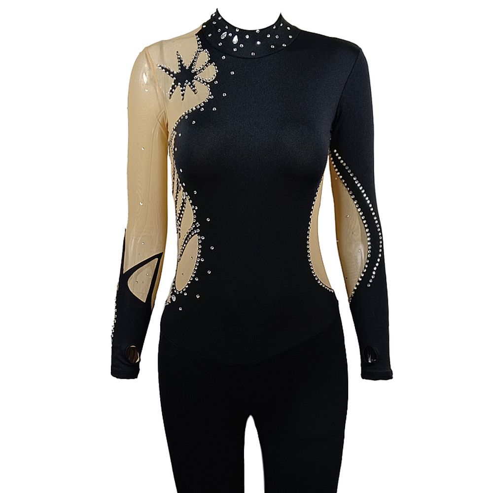 [Copy]Girls Ice Figure Skating Dress Women's Black Crystals Spandex High Elasticity Training Competition Skating Wear Handmade Crystal / Rhinestone Solid Color Long Sleeve Ice Skating