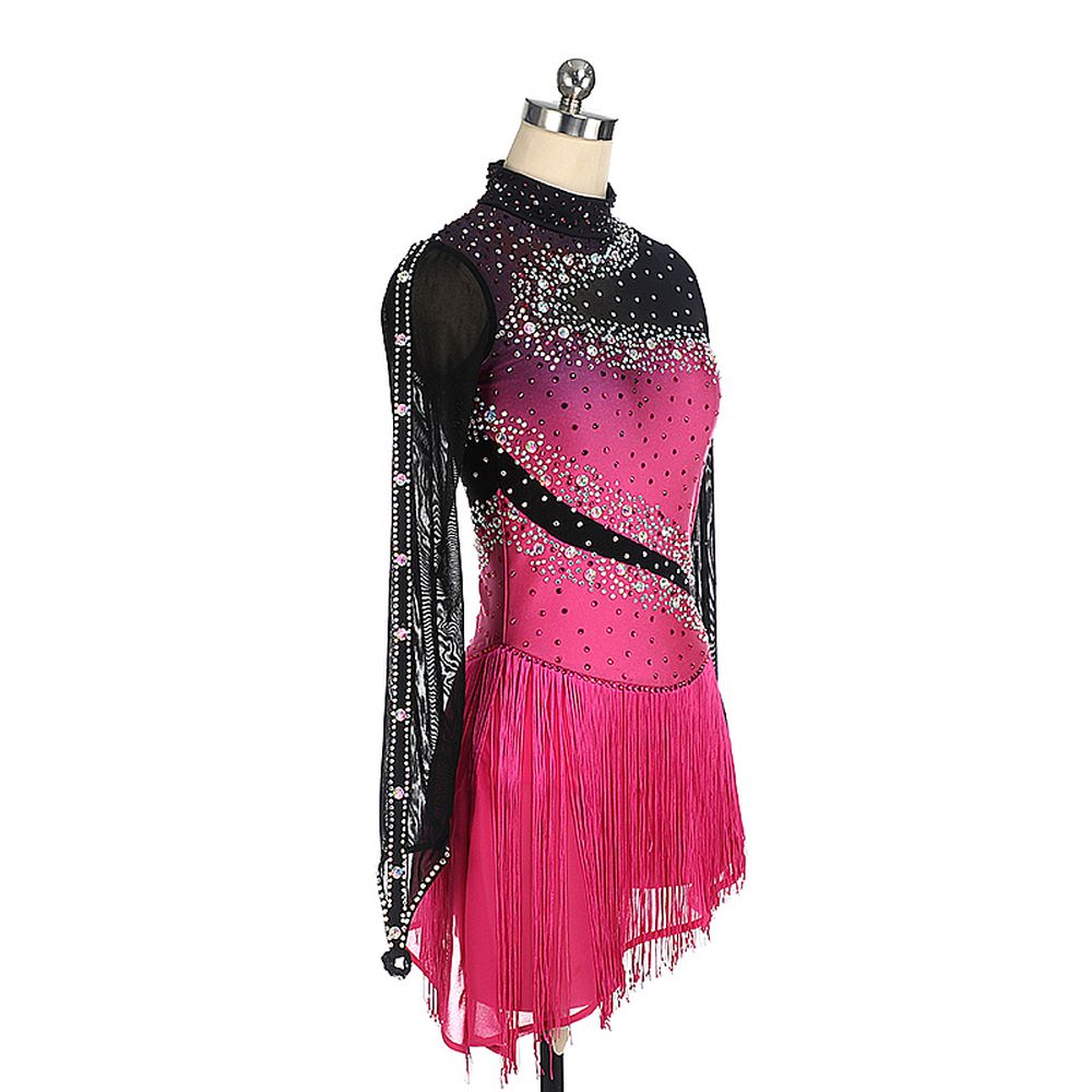 Women Girls Ice Figure Skating Dress Pink- Black Stretchy Mesh High Elasticity Training Competition Skating Wear Handmade Crystal / Rhinestone Solid Color Long Sleeve Ice Skating
