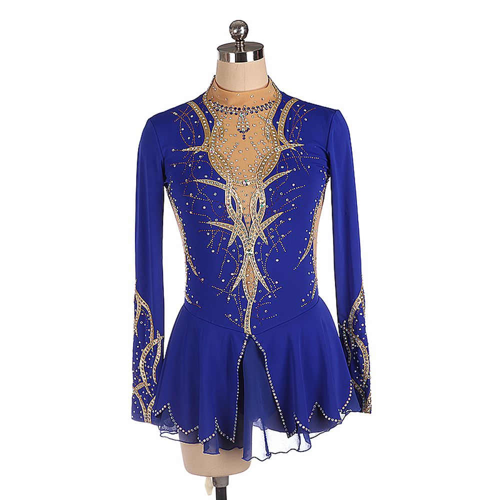 LIUHUO Figure Skating Dress Women's Girls' Ice Skating Dress Gold Stripes Spandex High Elasticity Practice Competition Skating Wear Crystal / Rhinestone Long Sleeve Ice Skating Winter