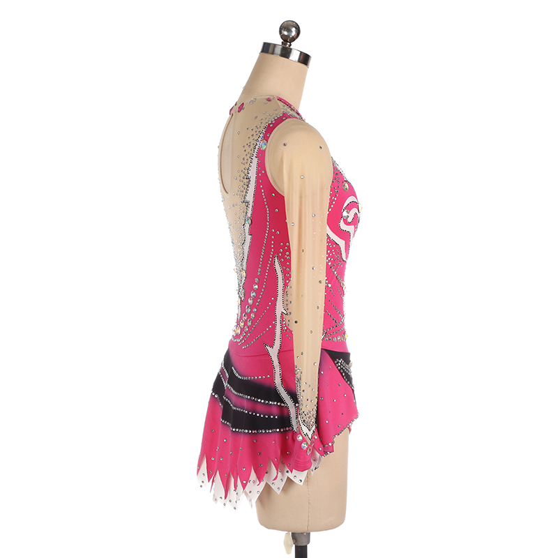 Ice Figure Skating Dress Women Girls Stretchy Pink Spandex High Elasticity Competition Skating Wear Handmade Crystal/Rhinestone Solid Color Long Sleeve Ice Skating