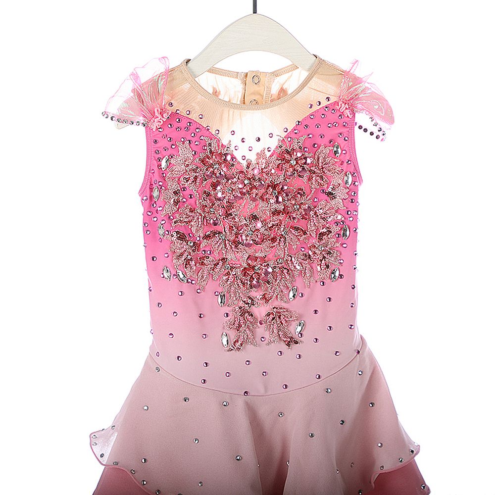 Women Girls Ice Figure Skating Dress Pink Gradient Stretchy Mesh High Elasticity Training Competition Skating Wear Handmade Crystal / Rhinestone Solid Color Long Sleeve Ice Skating
