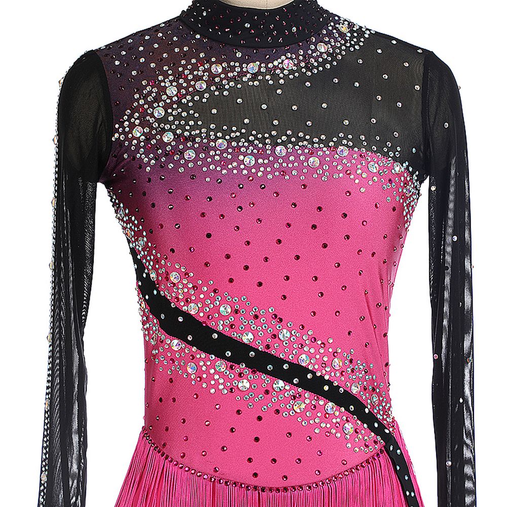 Women Girls Ice Figure Skating Dress Pink- Black Stretchy Mesh High Elasticity Training Competition Skating Wear Handmade Crystal / Rhinestone Solid Color Long Sleeve Ice Skating