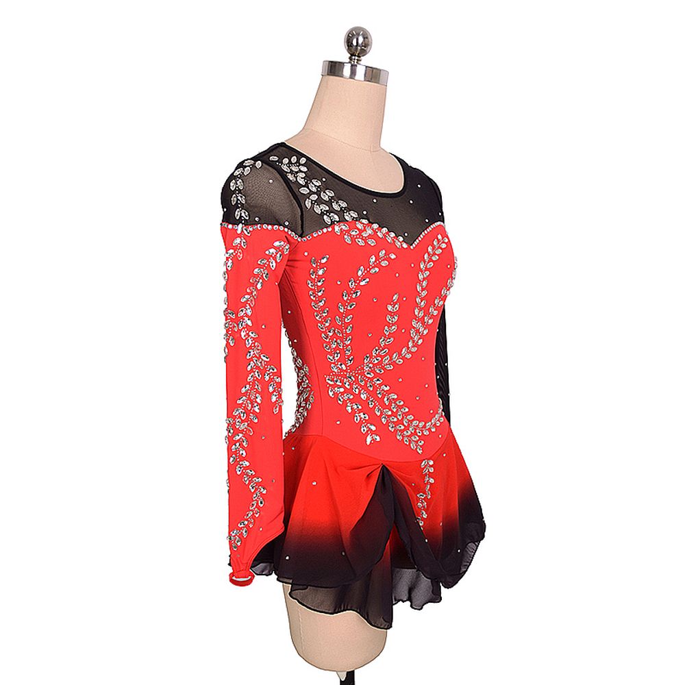 Women Girls Ice Figure Skating Dress Red Stretchy Mesh High Elasticity Training Competition Skating Wear Handmade Crystal / Rhinestone Solid Color Long Sleeve Ice Skating