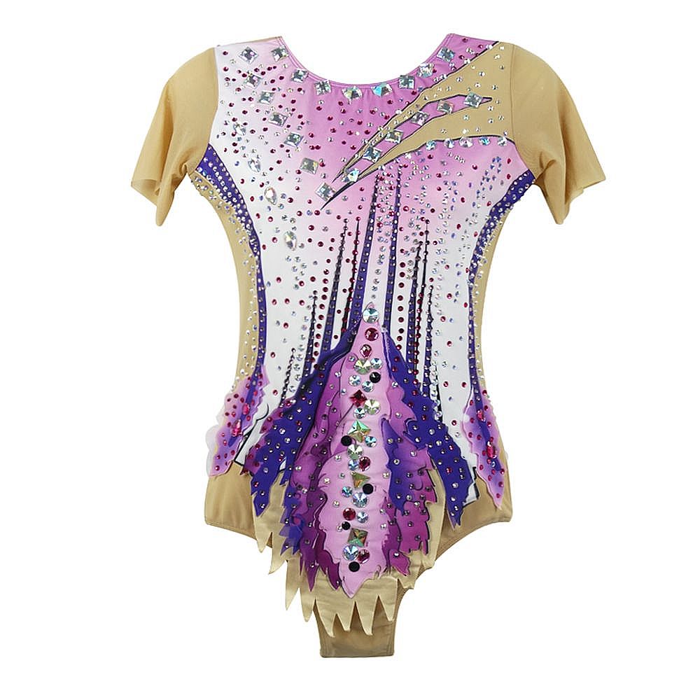 LIUHUO Gymnastics Leotards Girls Handmade Short Sleeve Competition Dance Rhythmic Gymnastics Artistic Gymnastics Blue Pink