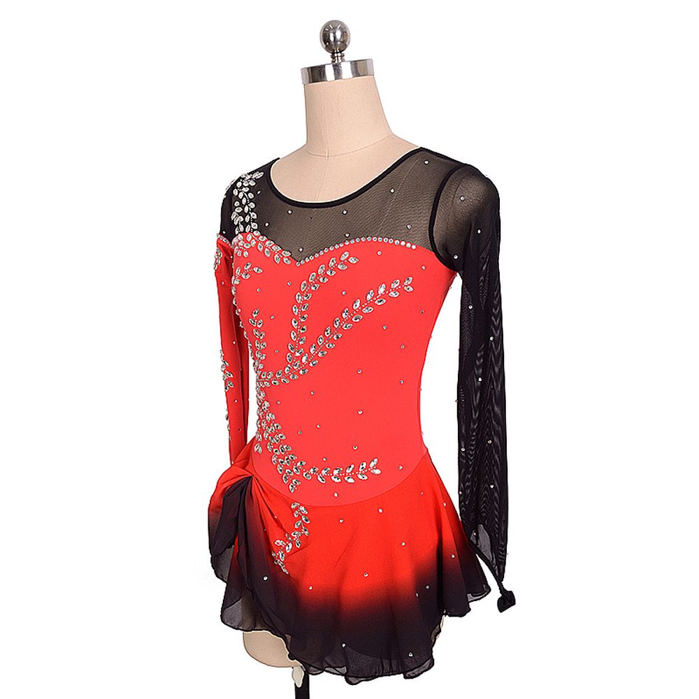 Women Girls Ice Figure Skating Dress Red Stretchy Mesh High Elasticity Training Competition Skating Wear Handmade Crystal / Rhinestone Solid Color Long Sleeve Ice Skating