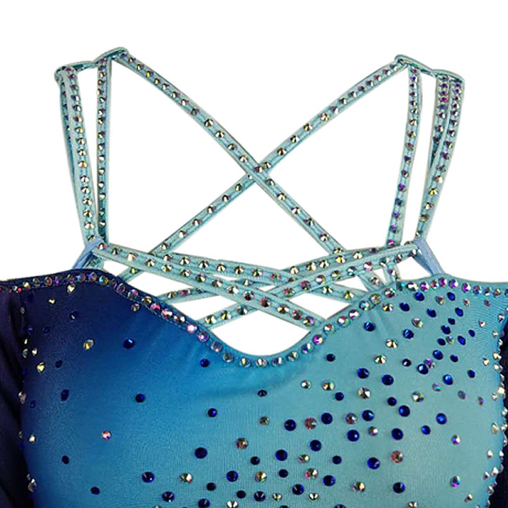 LIUHUO Ice Figure Skating Dance Dress Women's Blue Strips Fashion Training Competition Skating Wear Handmade Crystal / Rhinestone Solid Color Long Sleeve Ice Skating Costumes