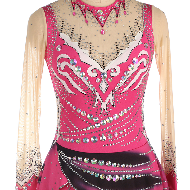 Ice Figure Skating Dress Women Girls Stretchy Pink Spandex High Elasticity Competition Skating Wear Handmade Crystal/Rhinestone Solid Color Long Sleeve Ice Skating
