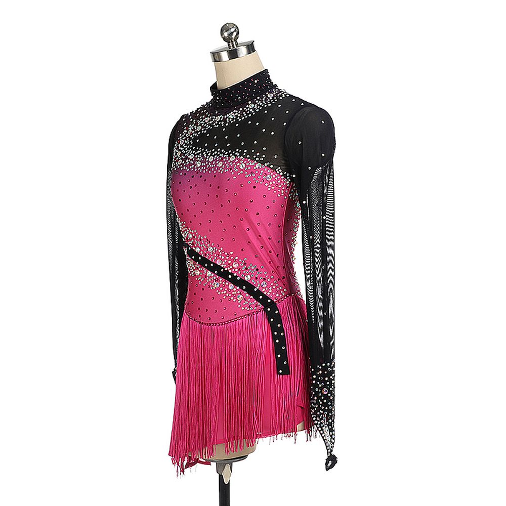 Women Girls Ice Figure Skating Dress Pink- Black Stretchy Mesh High Elasticity Training Competition Skating Wear Handmade Crystal / Rhinestone Solid Color Long Sleeve Ice Skating
