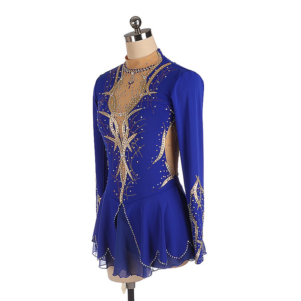 LIUHUO Figure Skating Dress Women's Girls' Ice Skating Dress Gold Stripes Spandex High Elasticity Practice Competition Skating Wear Crystal / Rhinestone Long Sleeve Ice Skating Winter