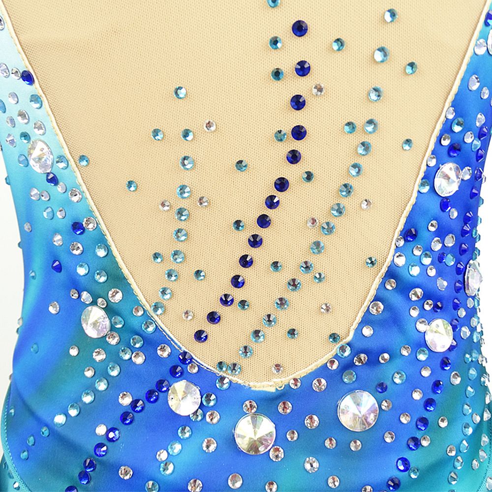 Figure Skating Dress Women's Girls' Ice Skating Dress Blue Patchwork Asymmetric Hem Spandex High Elasticity Training Competition Skating Wear Handmade Crystal / Rhinestone Long Sleeve Ice Skating
